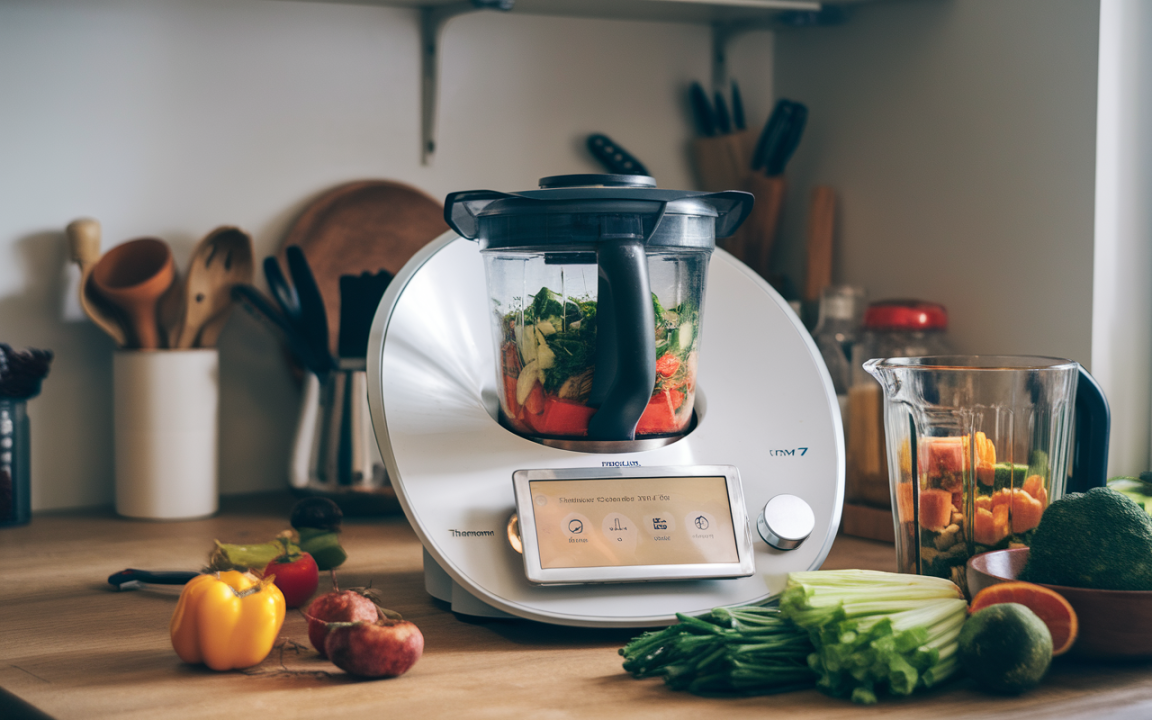Appareil de cuisine moderne Tm7 sur un plan de travail, avec des ustensiles en bois et un éclairage doux en arrière-plan.