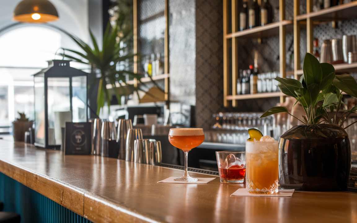 Un bar élégant avec un comptoir en bois, décoré de cocktails colorés et de plantes, et des étagères de boissons en arrière-plan.