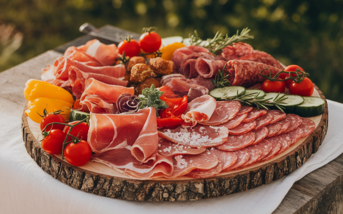 Assortiment de charcuteries, tomates cerises, poivrons et concombres sur une planche en bois naturelle, décoré d'herbes.