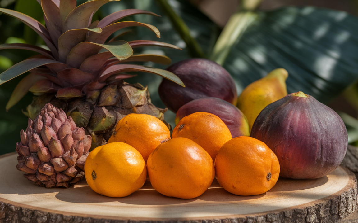 Assortiment de fruits colorés, incluant un ananas, des mandarines, des figues violettes et un poire. Sur une planche en bois.