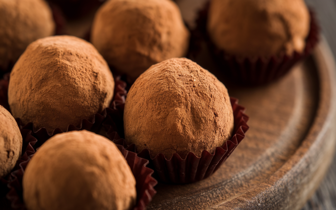 Des truffes au chocolat enrobées de cacao, présentées dans des caissettes en papier, sur une planche en bois.