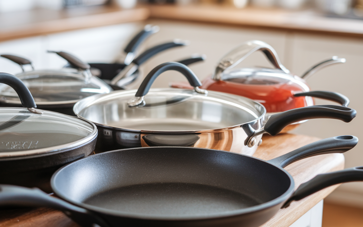 Collection de casseroles et poêles en métal, avec des poignées noires, sur un plan de travail en bois dans une cuisine lumineuse.