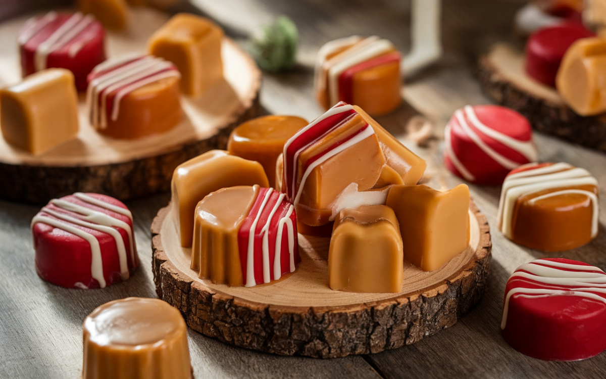 Assortiment de bonbons colorés sur des supports en bois, avec des motifs variés et des textures brillantes. Ambiance chaleureuse et appétissante.