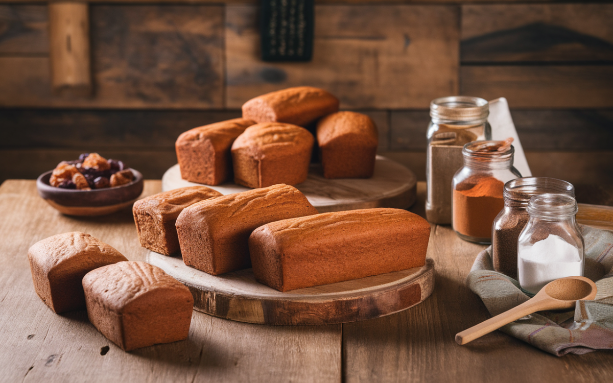 Pain cuit en forme de petits pains, accompagné d'épices et de sucre sur une table en bois, dans une ambiance rustique.