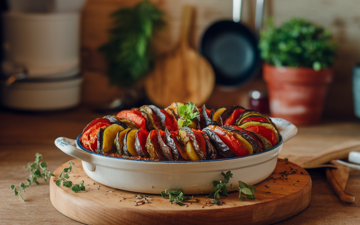 Plat de ratatouille colorée, composé de tranches de légumes disposées en cercle, sur une planche en bois, décoré de fines herbes.