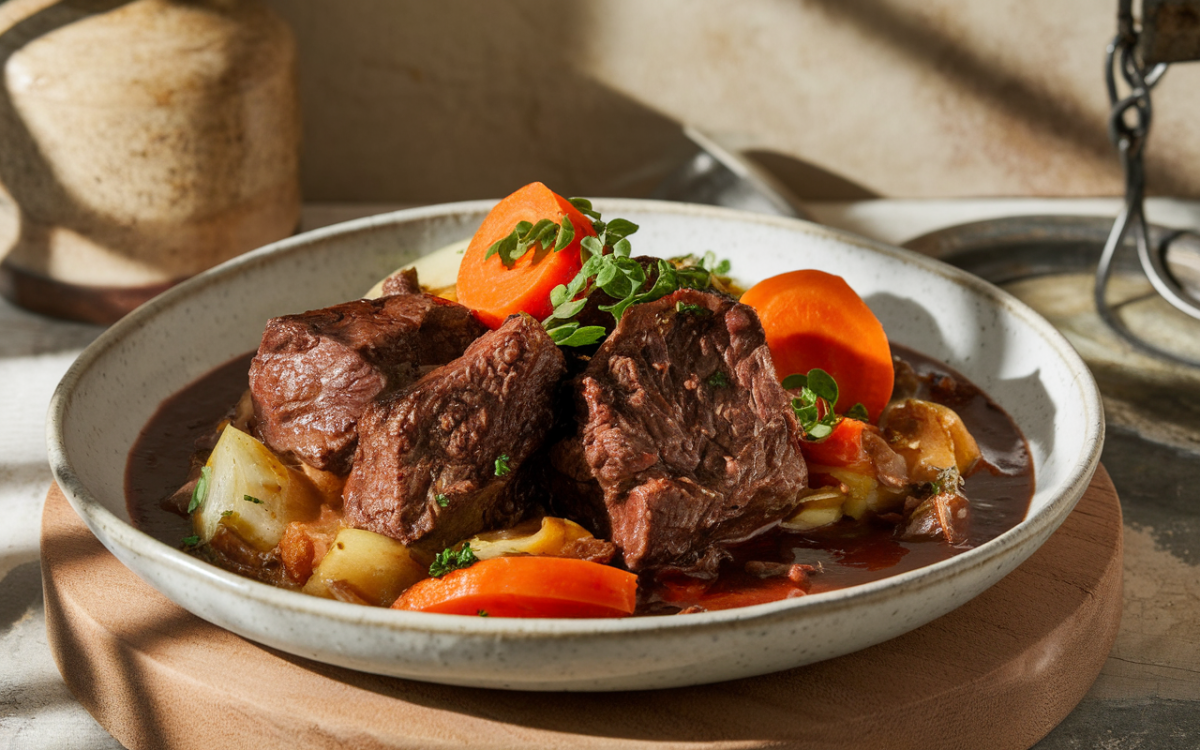 Plat de viande braisée avec carottes et pommes de terre, garni d'herbes fraîches, servi dans une assiette en céramique.