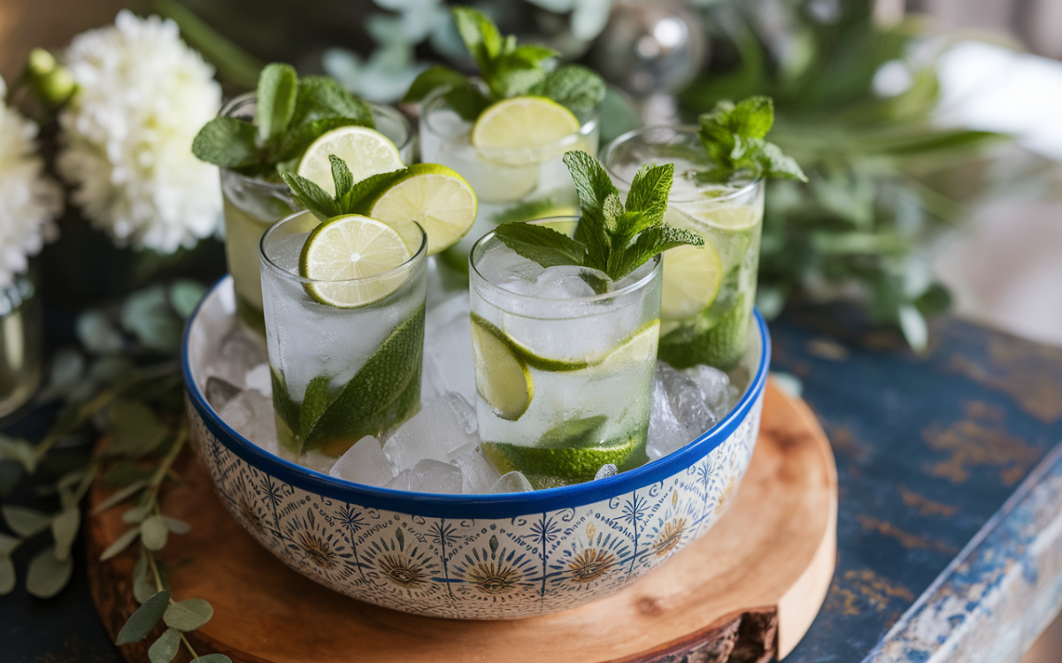 Cinq verres de cocktail à la menthe et au citron, servis sur de la glace, présentés dans un bol décoratif.