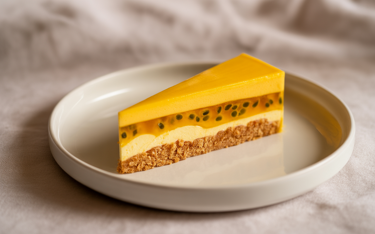 Une part de gâteau au fruit de la passion avec une texture soyeuse, sur un lit de biscuit croquant, présentée dans une assiette.