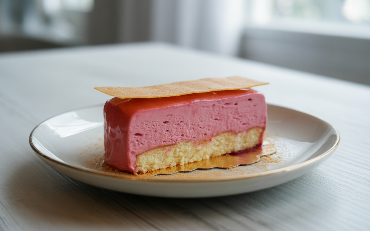Gâteau crémeux en couches, gelée rose sur biscuit, avec une fine tuile dorée sur le dessus, servi dans une assiette.