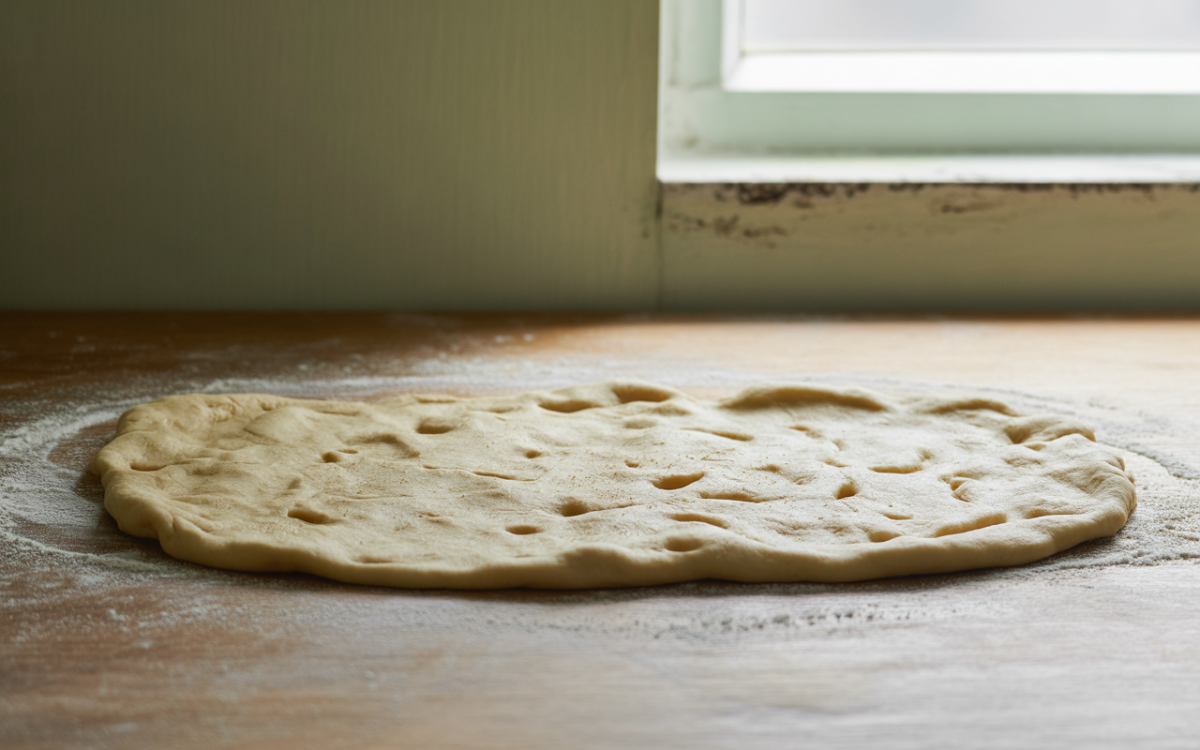 Pâte à pizza étalée sur une table en bois, saupoudrée de farine, avec une fenêtre en arrière-plan.