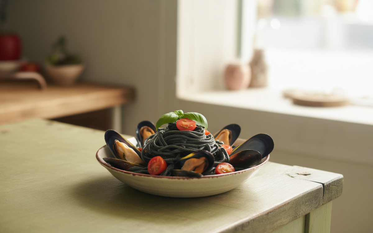 Spaghetti noir servi avec des moules, des tomates cerises et une feuille de basilic, sur une table en bois.