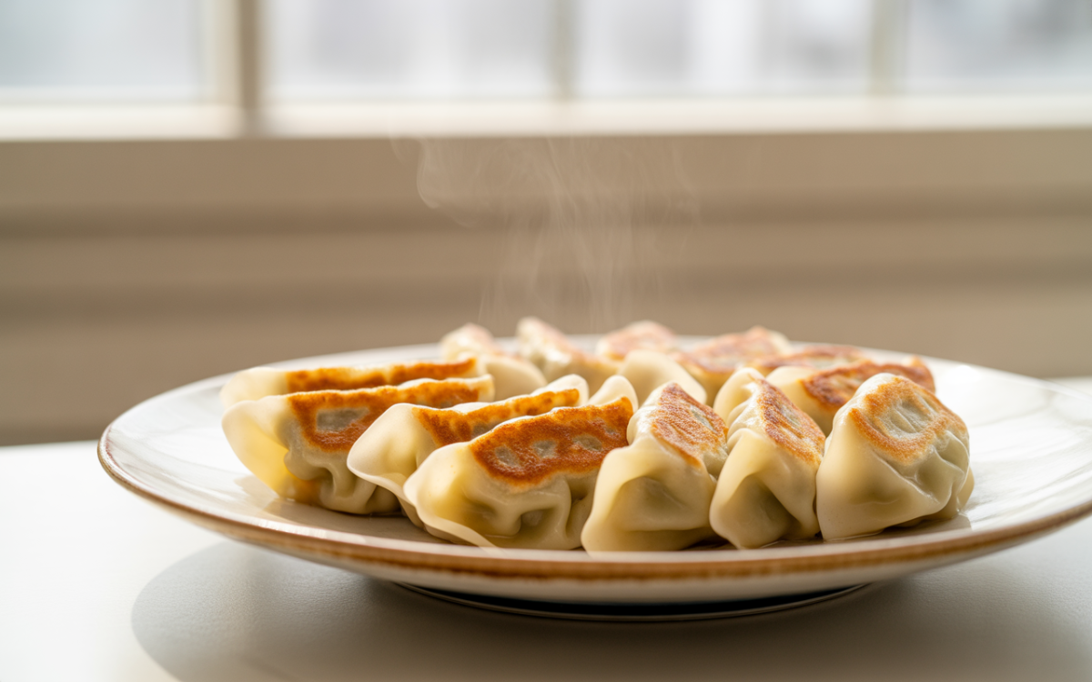 Assiette de raviolis chauds, dorĂ©s Ă la poĂȘle, dĂ©gageant de la vapeur, sur fond lumineux.