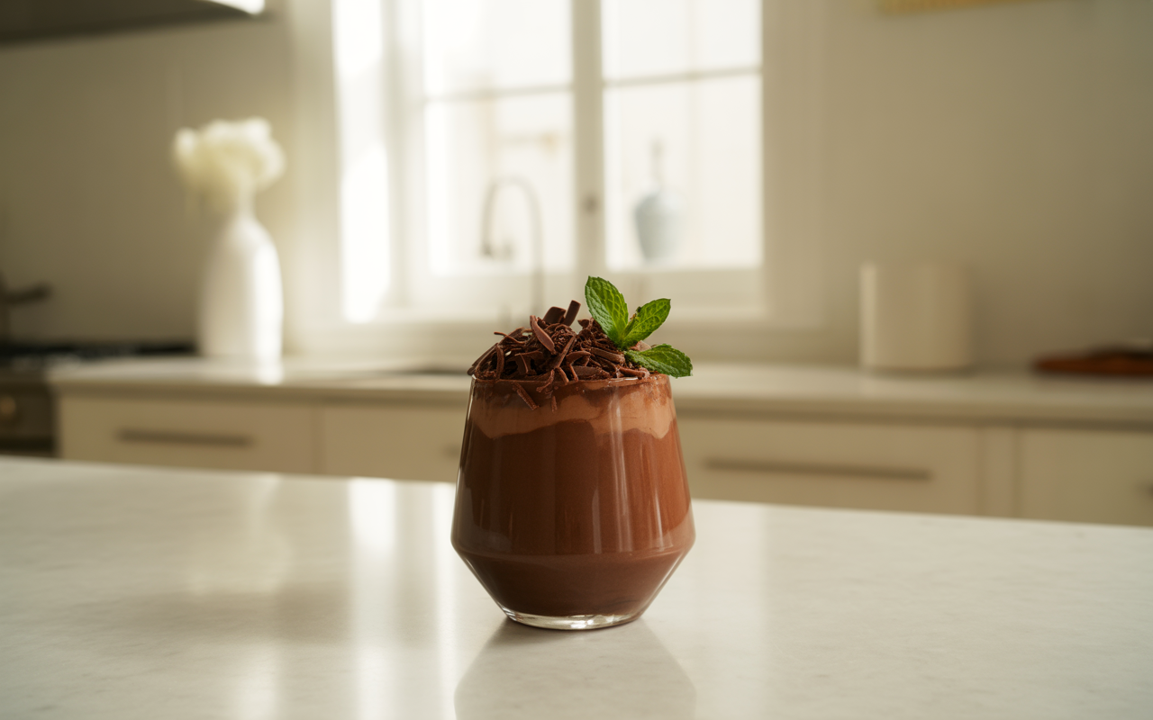 Un verre de chocolat décadent, garni de copeaux de chocolat et d'une feuille de menthe, sur un comptoir lumineux.