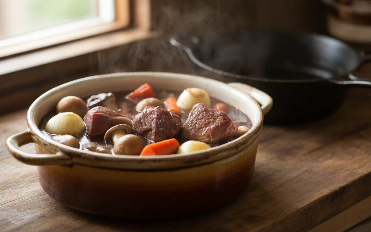 Plat de viande mijotée avec des légumes, dégageant de la vapeur, dans un plat en céramique sur un plan de travail en bois.