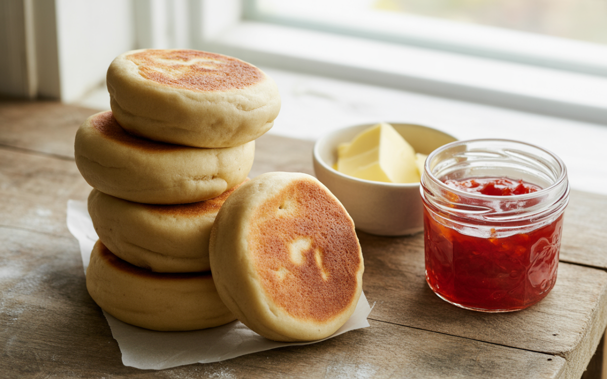 Cinq muffins anglais empilés, accompagnés de beurre dans un bol et de confiture dans un bocal, sur une table en bois.