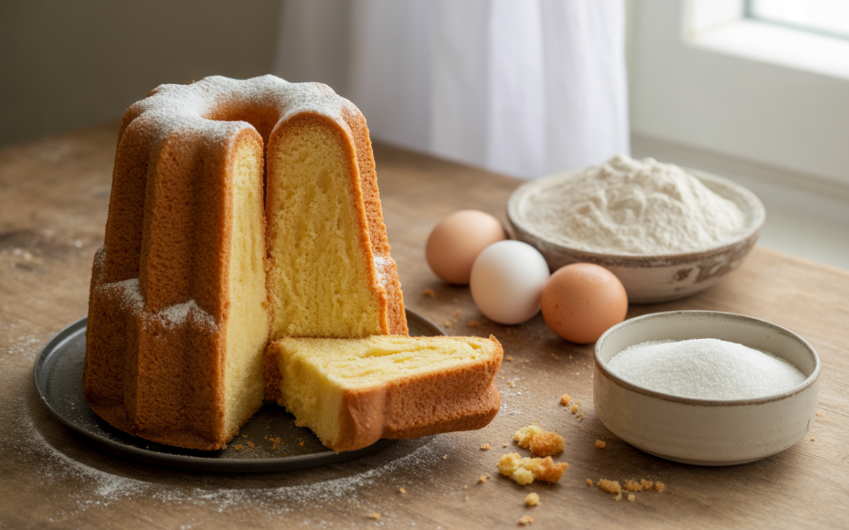 Gâteau moelleux coupé, saupoudré de sucre. Ingrédients tels que farine, sucre et œufs sont disposés à proximité.