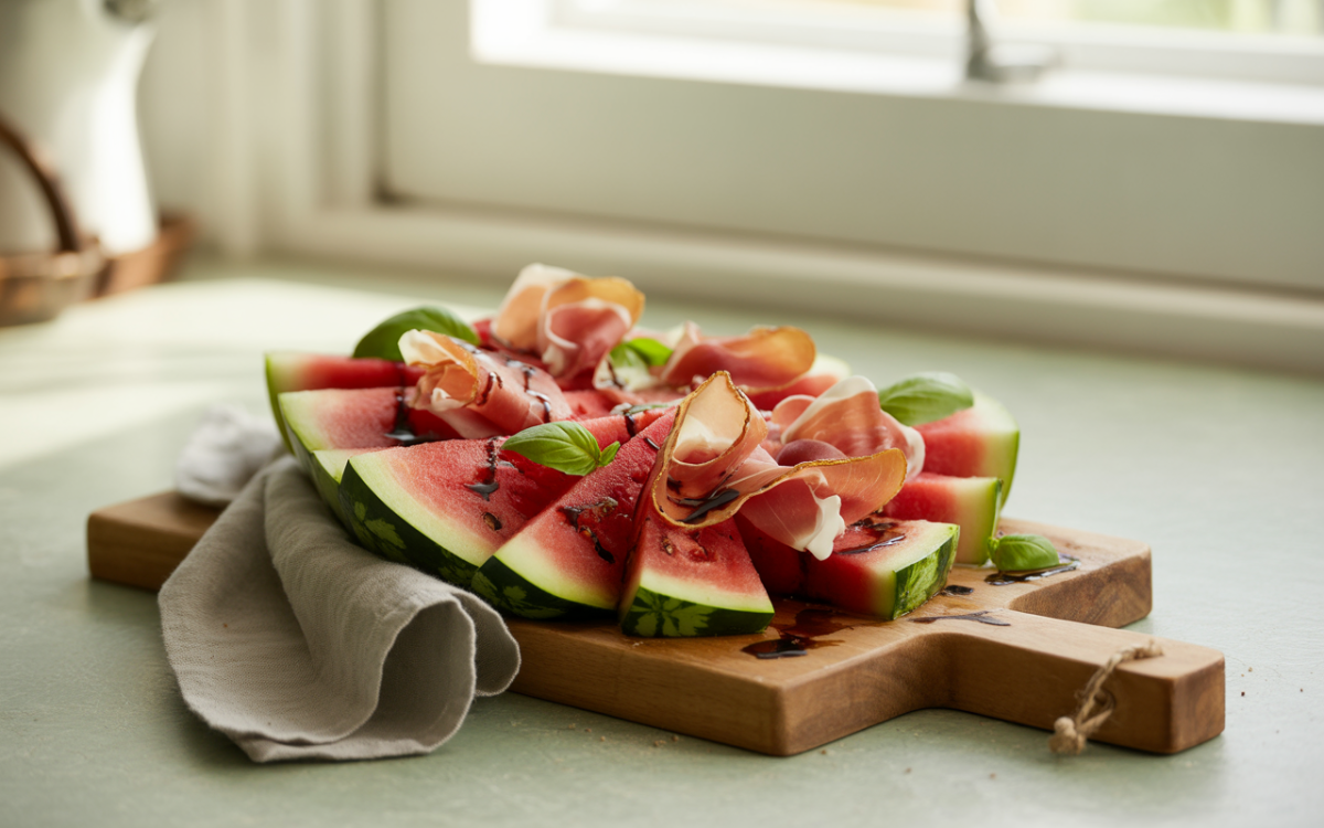 Tranches de pastèque garnies de jambon cru et de feuilles de basilic, présentées sur une planche en bois.