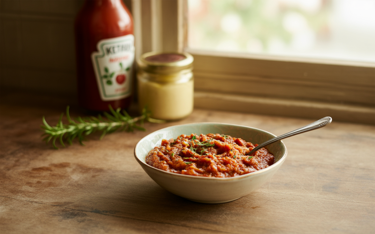 Bol de sauce tomate avec des herbes, cuillère en métal, bouteille de ketchup et pot de moutarde en arrière-plan.
