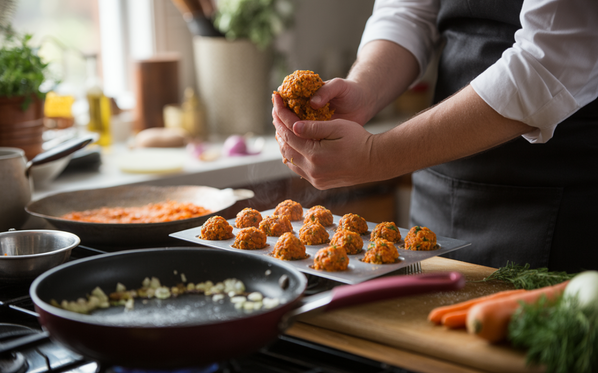 Un cuisinier façonne des boulettes orangées sur une plaque, avec des ingrédients dans un environnement de cuisine chaleureux et lumineux.