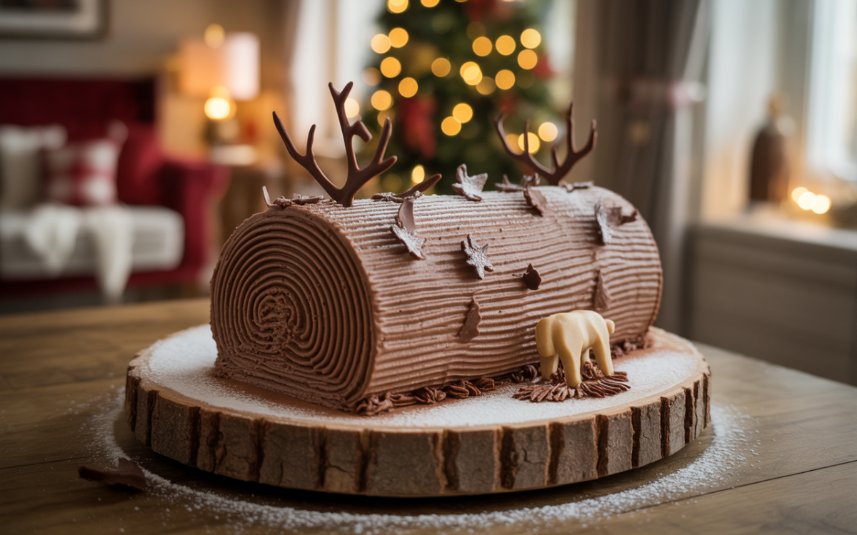 Gâteau en forme de bûche de Noël, décoré de chocolat, mini arbres et renne, sur un plateau en bois. Décorations festives en arrière-plan.