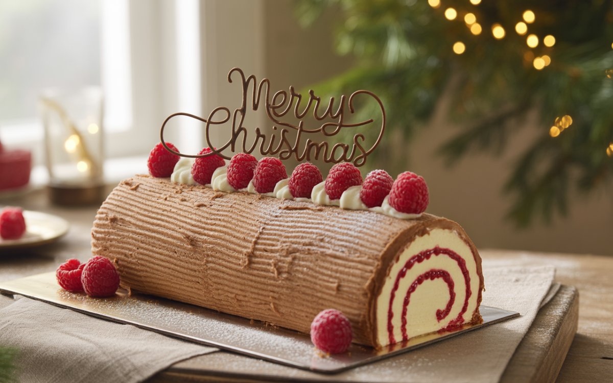 Bûche de Noël au chocolat décorée de framboises et d'une inscription en chocolat "Merry Christmas", sur un fond chaleureux.
