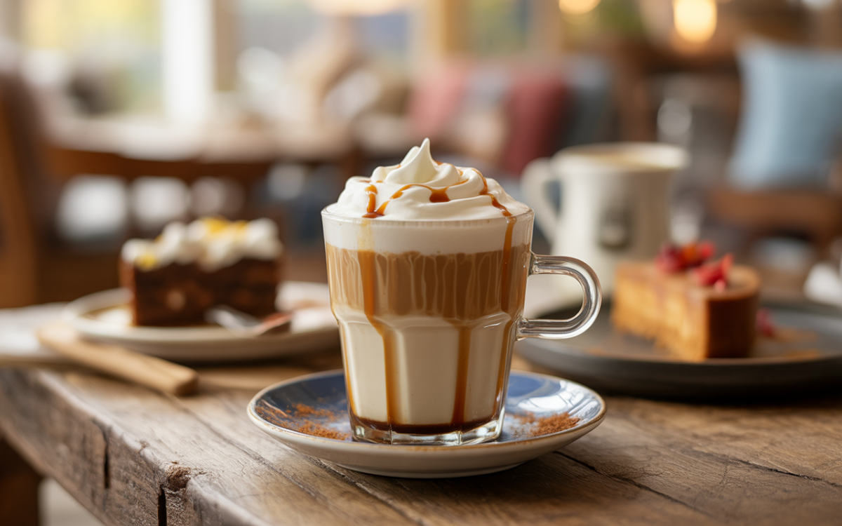 Un latte crème avec caramel, coiffé de chantilly, posé sur une table en bois, à côté de délicieuses pâtisseries.