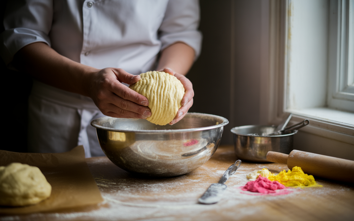 Une personne manipule de la pâte dans un bol, entourée de farine et de colorants alimentaires sur une surface en bois.