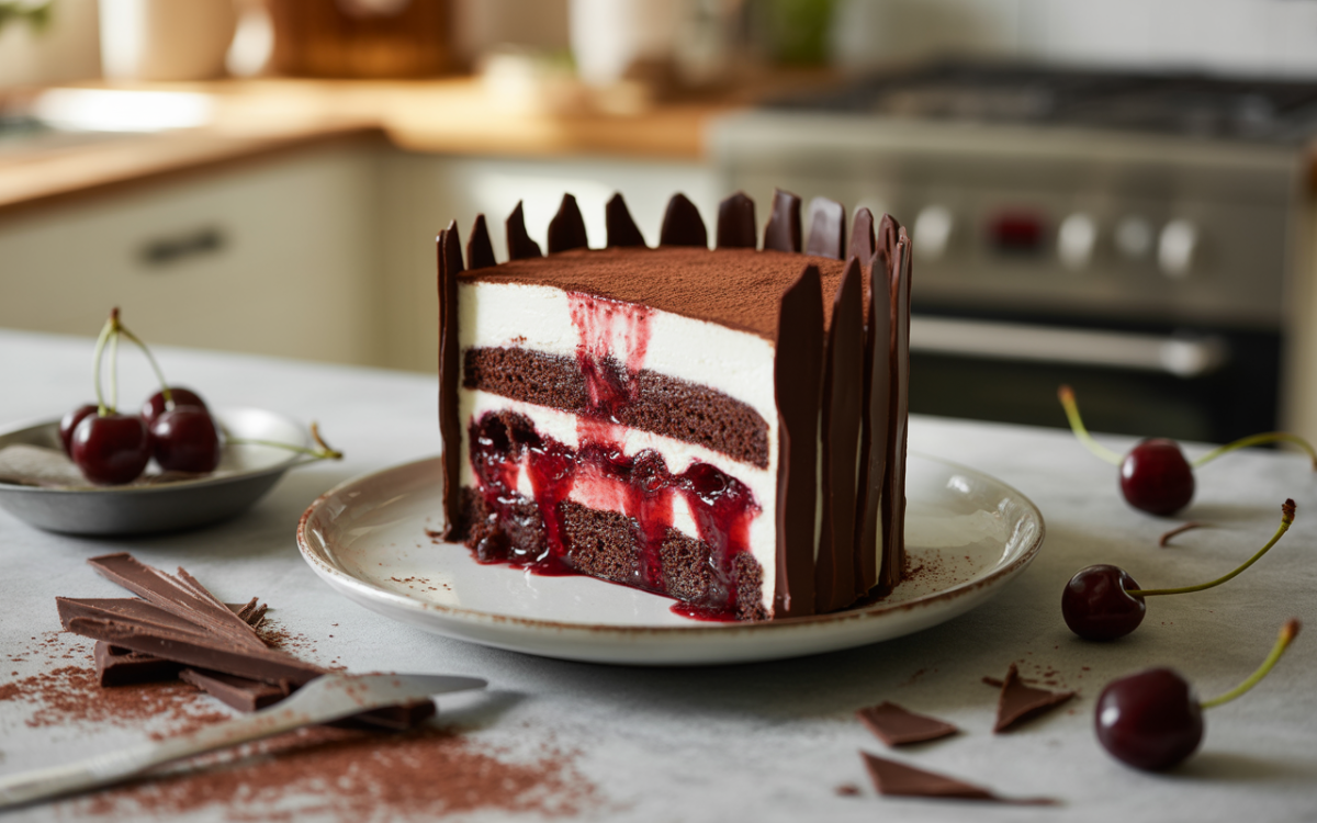 Gâteau au chocolat avec couches de crème et de confiture, décoré de chocolat et servi avec des cerises fraîches.