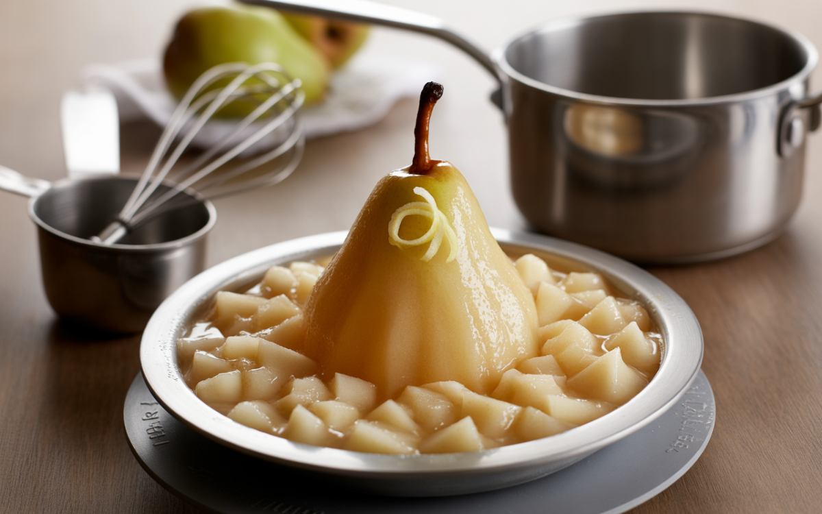 Dessert à base de poire confite, garnie de morceaux de poire, dans une assiette avec des ustensiles de cuisine.