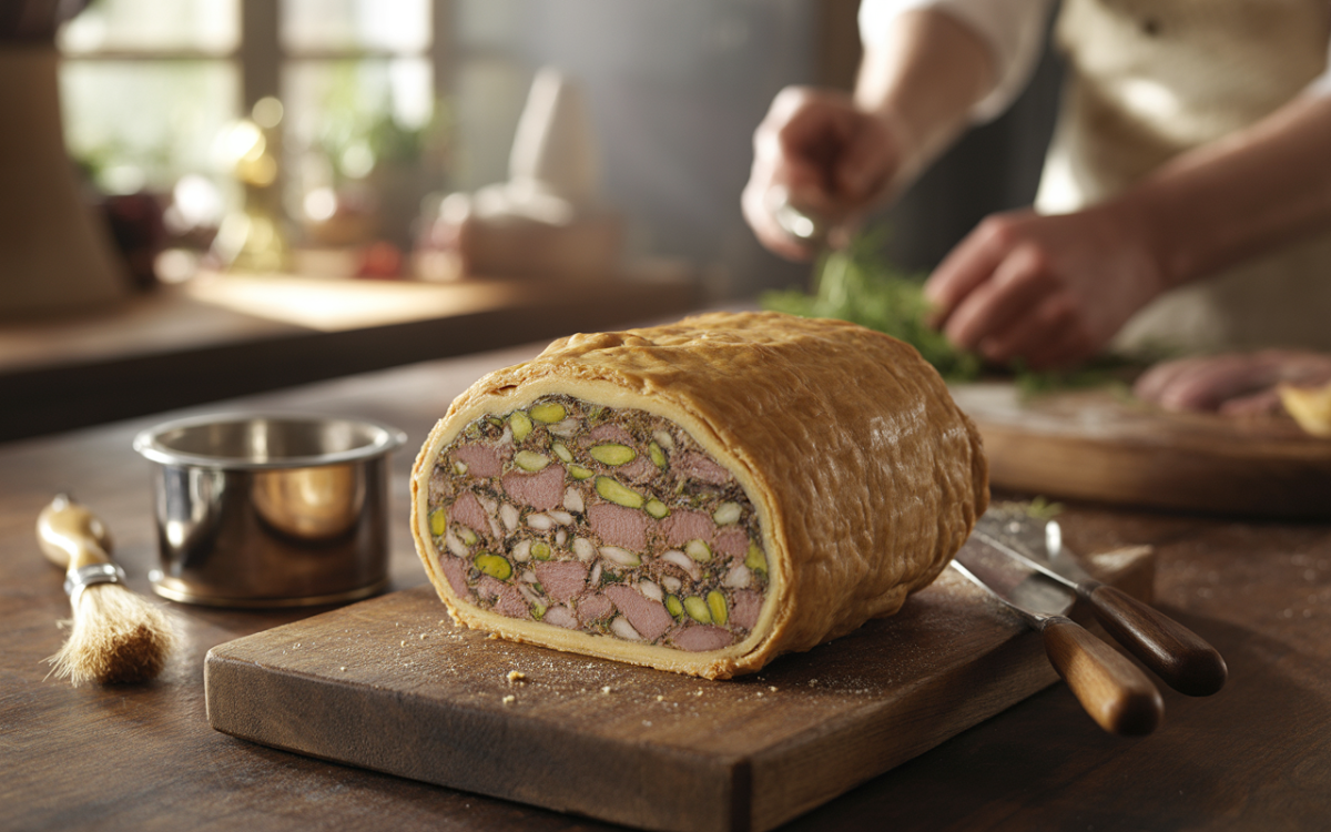 Rôti de viande en croûte avec pistaches, placé sur une planche en bois, arrière-plan flou d'une cuisine.