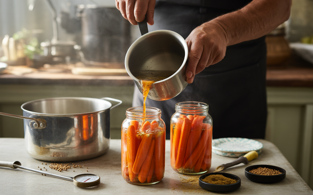 Un cuisinier verse un liquide chaud sur des carottes dans des bocaux, avec des épices et une casserole à proximité.