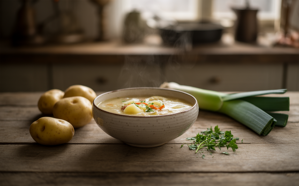 Bol de soupe fumante avec des pommes de terre et légumes, accompagné de pommes de terre et poireaux sur une table en bois.