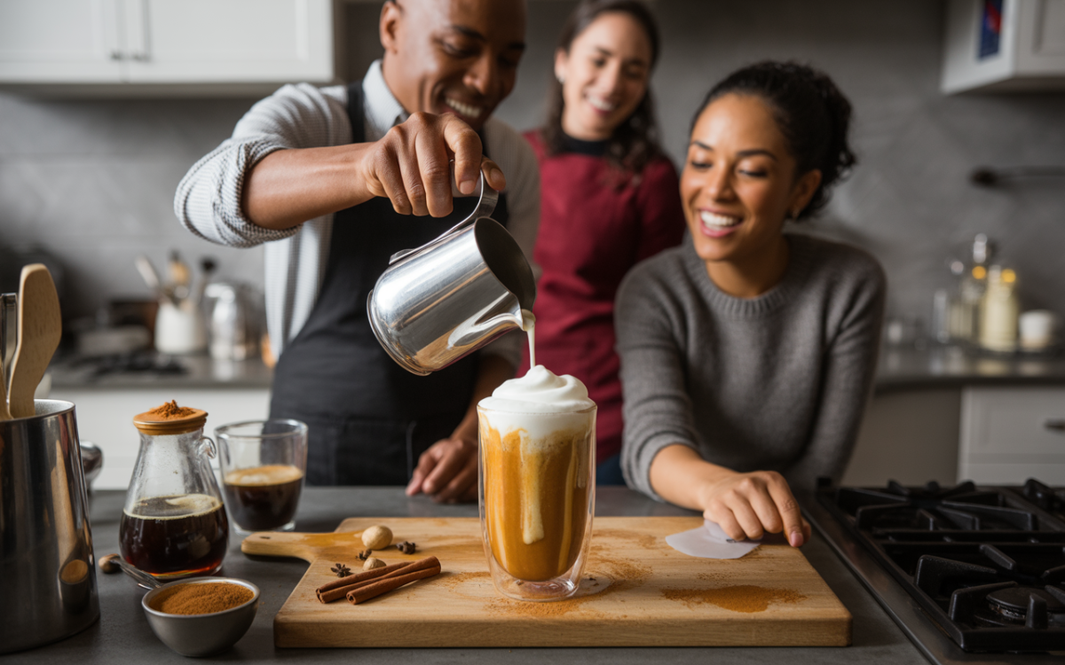 Trois personnes souriantes préparent des boissons à base de café, avec des épices et une crème mousseuse sur un plan de travail.