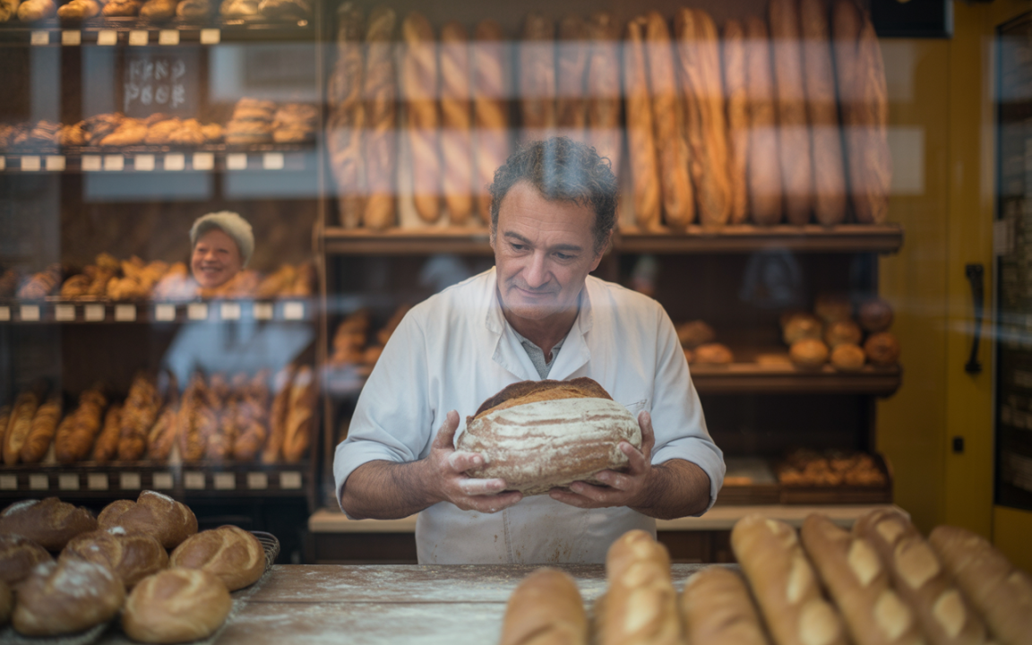 Un boulanger examine une miche de pain, entouré de divers pains en arrière-plan, avec une femme souriante à l'arrière.