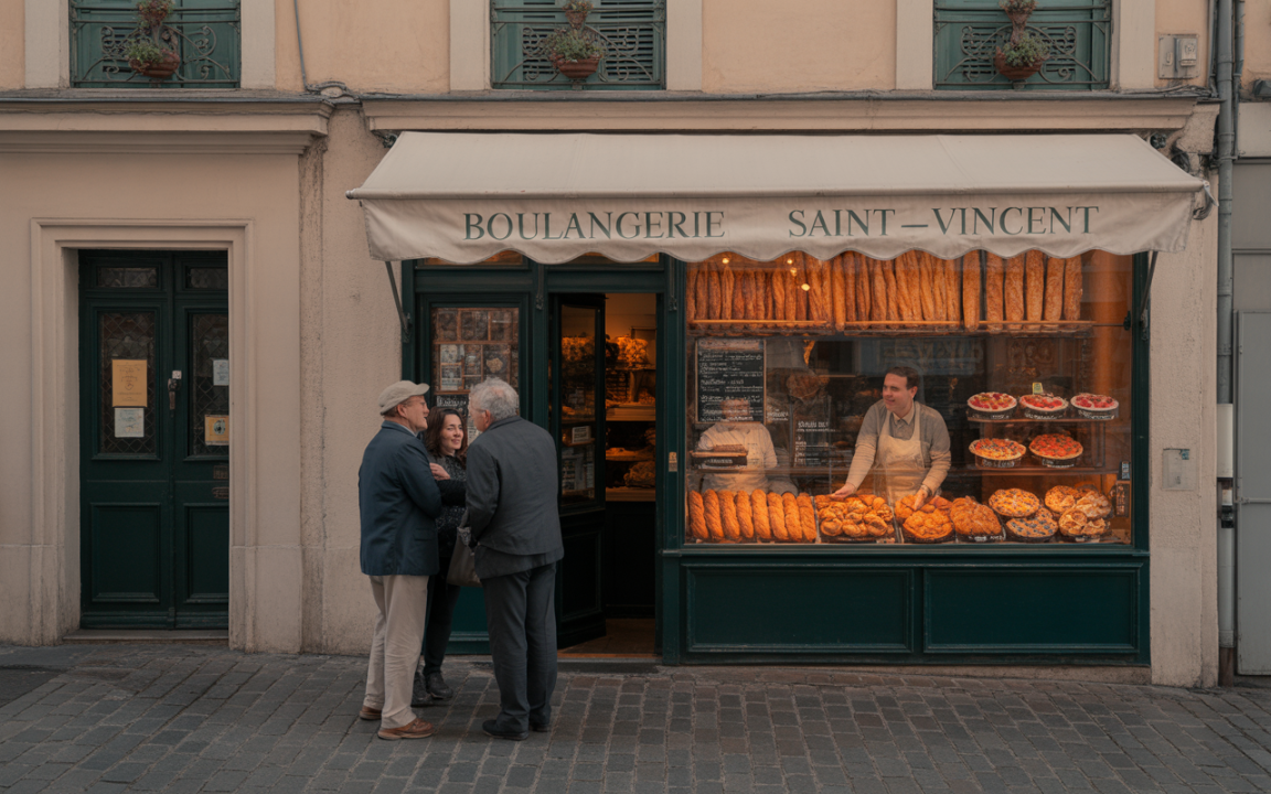 Boulangerie avec une vitrine pleine de pains et pâtisseries, trois personnes discutent à l'extérieur, un boulanger souriant à l'intérieur.