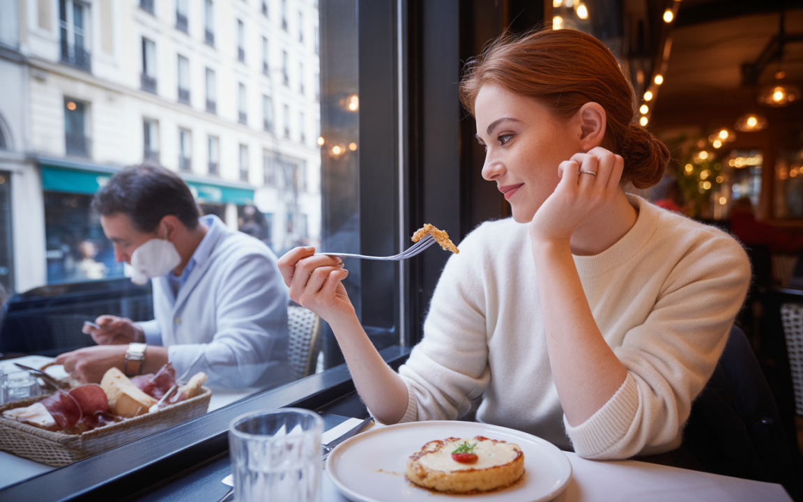 Une femme souriante tient une fourchette, prête à manger un plat savoureux, tandis qu'un homme mange à côté d'elle.