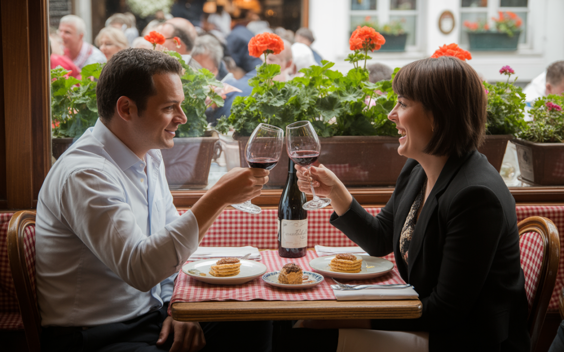 Un couple lève ses verres de vin en riant, entouré de fleurs, avec des plats gourmands sur une table à carreaux.