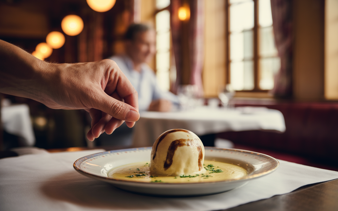 Main qui saisit une boule de dessert sur une assiette avec une sauce, en arrière-plan, un homme assis à table dans un restaurant élégant.