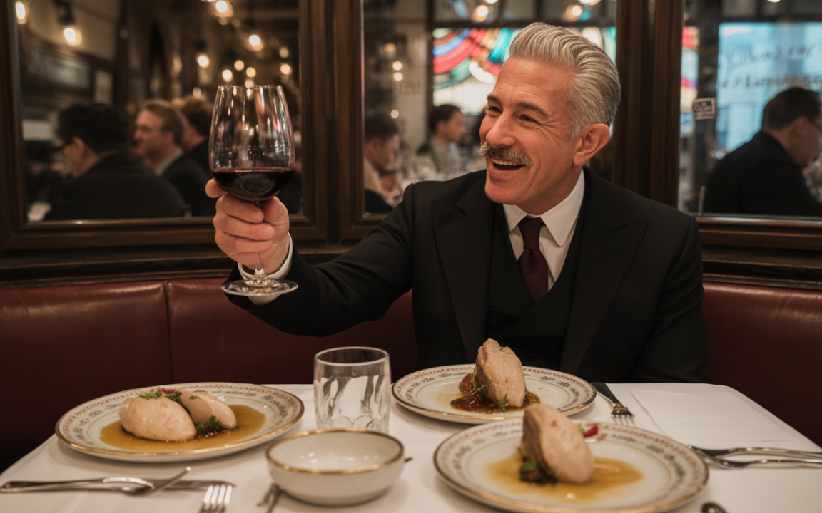 Homme en costume levant un verre de vin rouge, entouré de plats raffinés dans un restaurant élégant, ambiance animée.