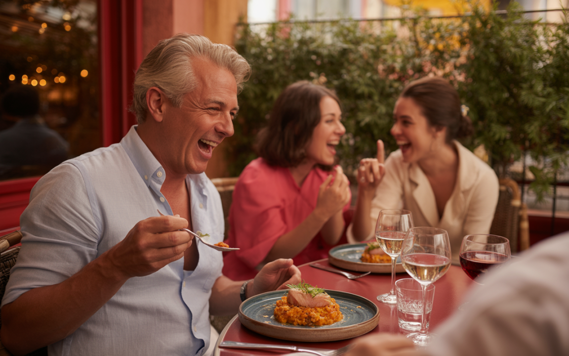 Quatre amis rient ensemble autour d'une table, savourant un repas savoureux avec des plats élégants et des verres de vin.