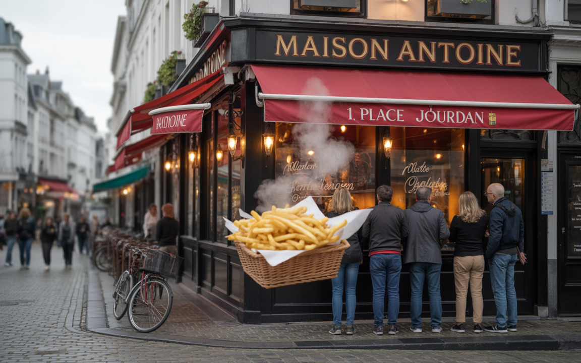 Une enseigne de restaurant "Maison Antoine" avec des gens attendant devant, un panier de frites flottant à côté. Rue animée.