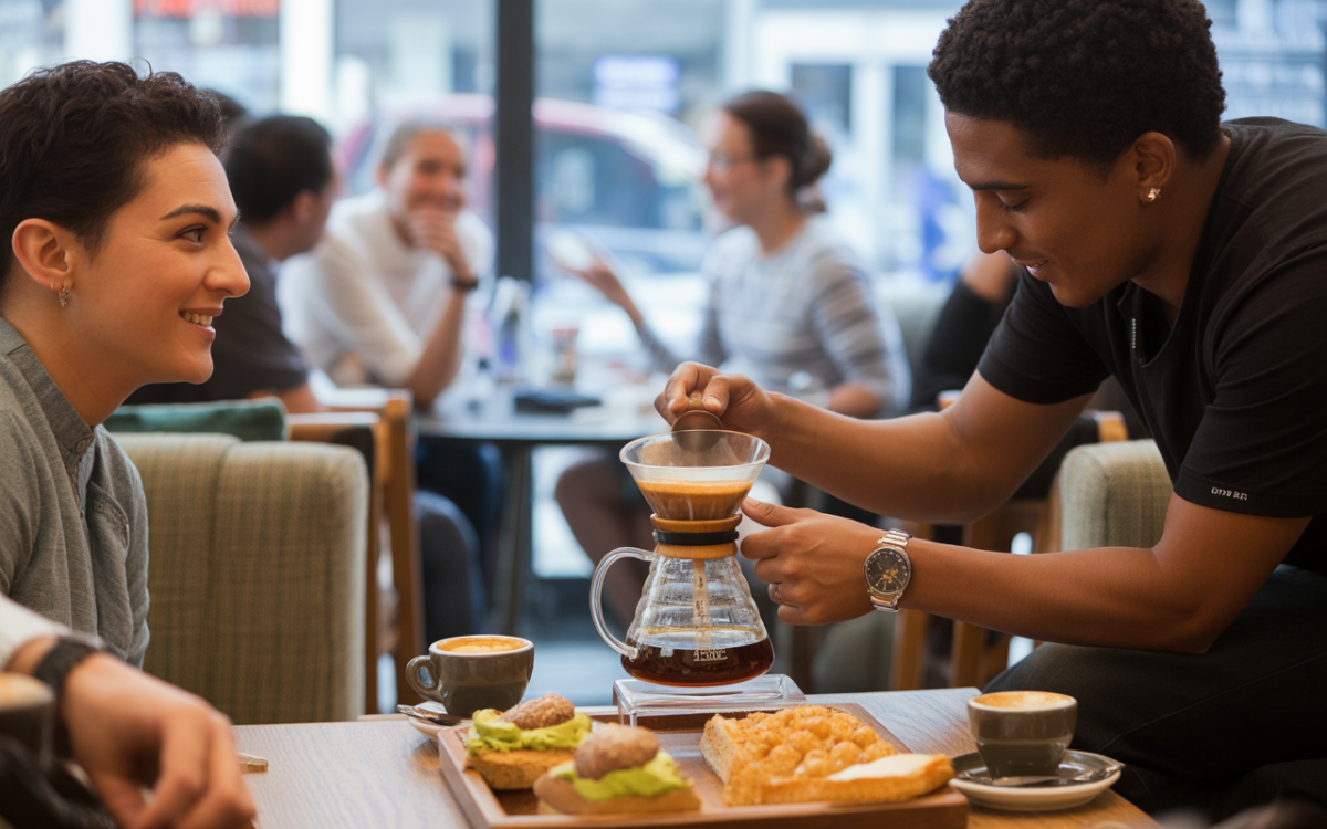 Deux personnes sourient dans un café, l'un prépare du café tandis que l'autre déguste une pâtisserie, ambiance conviviale.