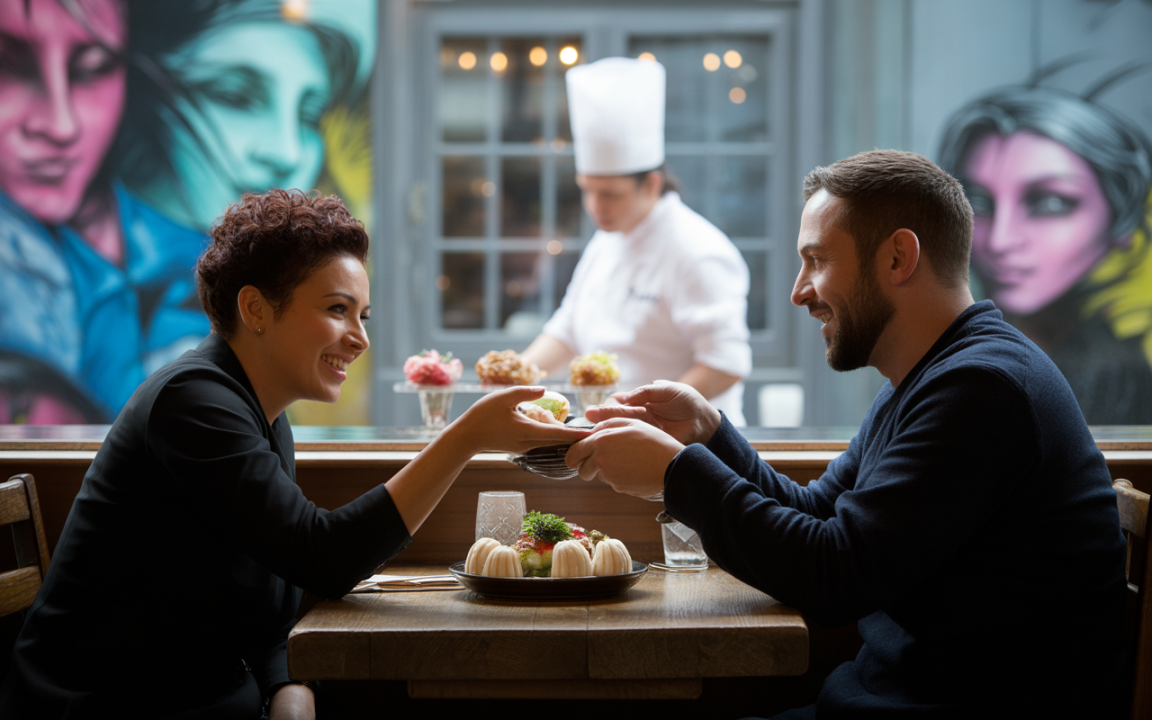 Un homme et une femme souriants partagent un plat au restaurant, avec une chef en arrière-plan et des peintures murales colorées.