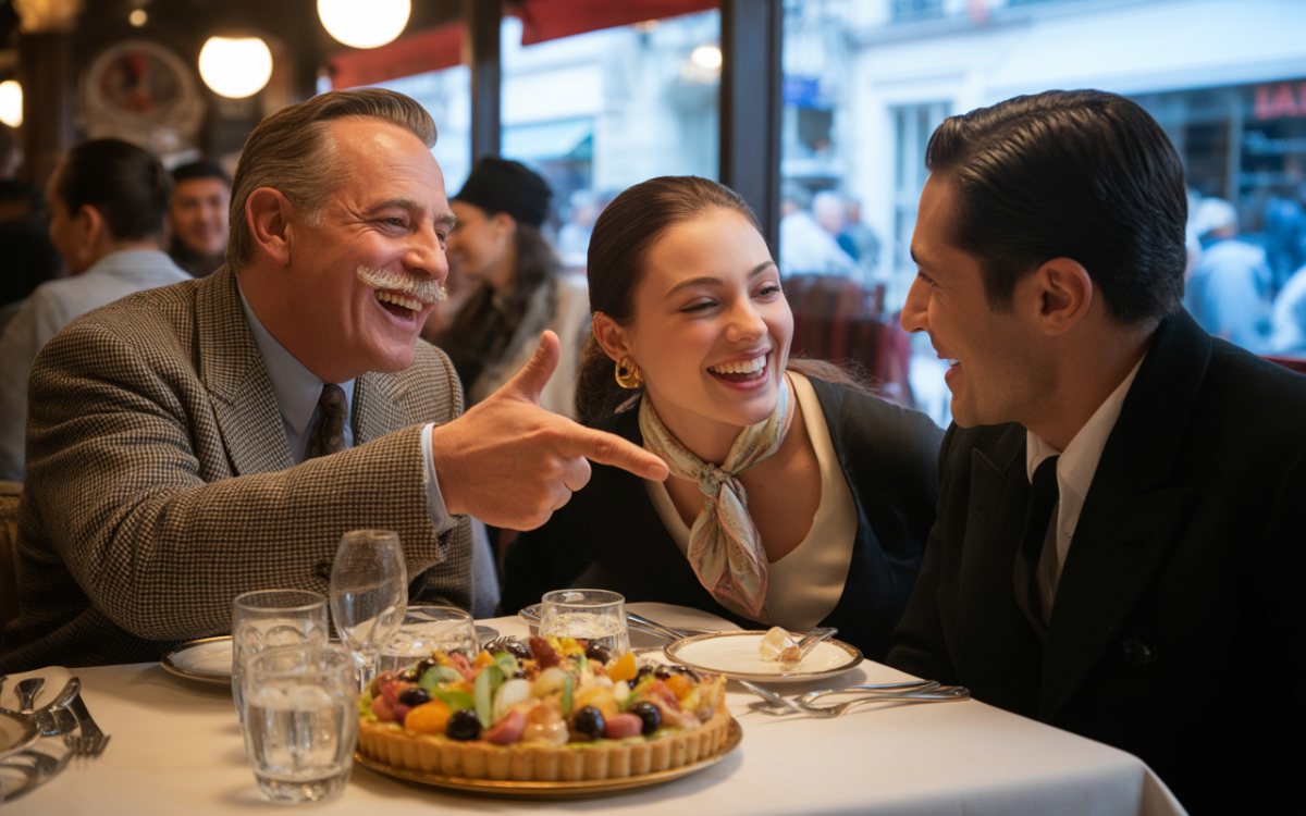 Trois personnes, un homme et deux femmes, rient ensemble dans un café, avec un plateau de fruits colorés sur la table.