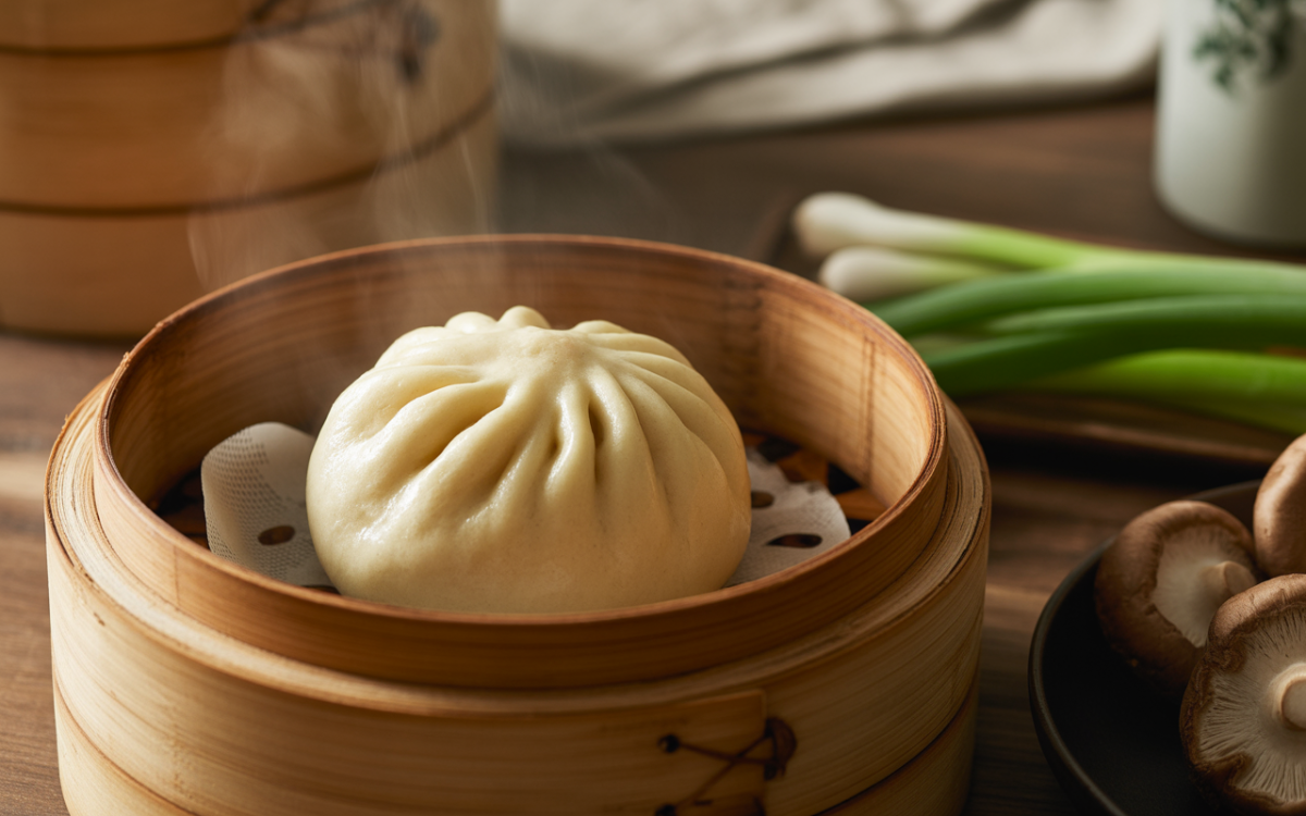 Bun chinois vapeur dans un panier en bambou, accompagné d'oignons nouveaux et de champignons sur une table en bois.