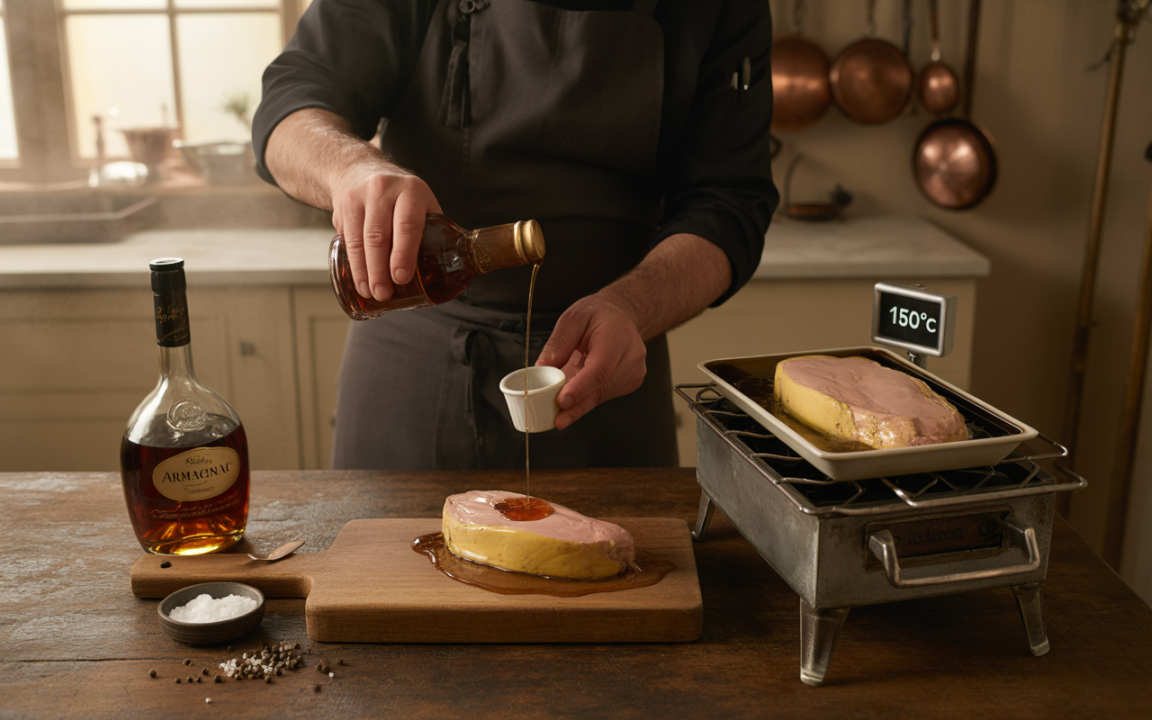 Un chef verse une liqueur sur un foie gras posé sur une planche, tandis qu'un appareil indique 150°C.