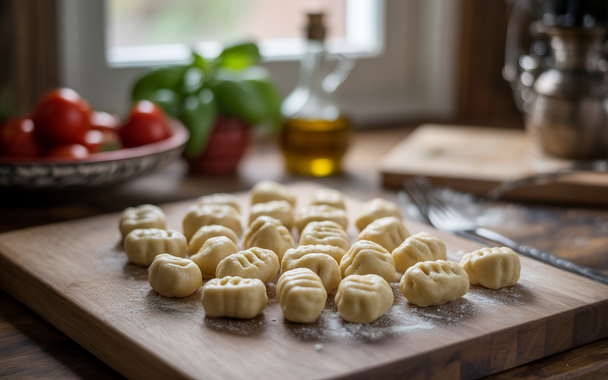 Gnocchis frais disposés sur une planche en bois, entourés de tomates, basilic et huile d'olive. Atmosphère de cuisine chaleureuse.