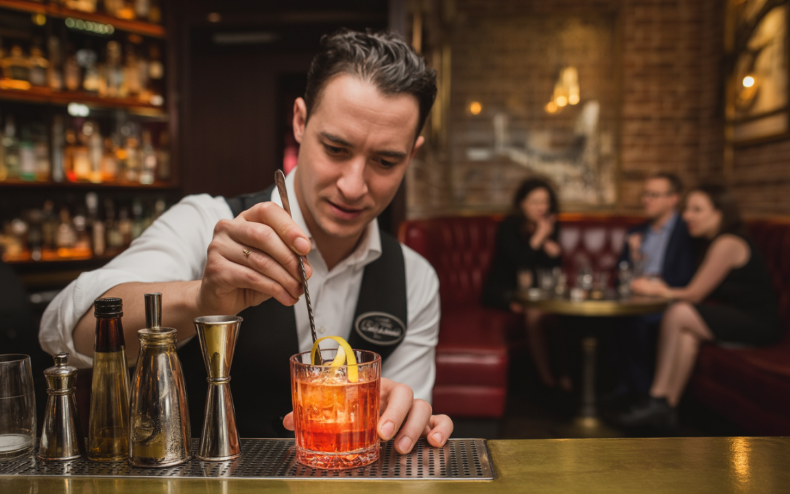 Un barman prépare un cocktail dans un bar élégant, avec des clients flous assis en arrière-plan.