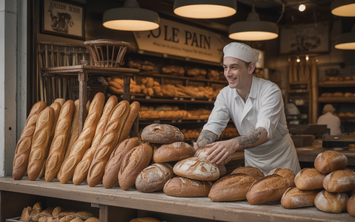 Un boulanger souriant arrange des pains sur une table, entouré de diverses baguettes et pains frais dans sa boulangerie.