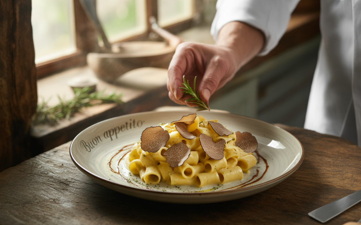 Un chef ajoute des truffes à un plat de pâtes crémeux, décoré de fines herbes, sur une table en bois.